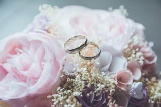 Two rings on a bouquet