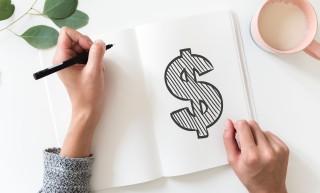 Person drawing in book, with a dollar sign