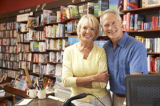 Two people in a library